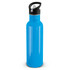 A drink bottle in bright blue with a black lid and a handle. It features a sleek, glossy finish.