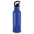 A drink bottle in a vibrant blue color, featuring a black lid with a handle and a flip-top spout.
