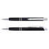 A pair of sleek black metal pens with chrome accents, featuring a smooth design and a contoured grip.
