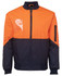 Hi-vis orange and navy work jacket featuring a zip front and a clear pocket on the chest. Includes a branded logo.