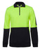 A fluorescent yellow and black fleece jumper featuring a half zip design and a pocket on the sleeve.