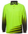 A long-sleeve polo shirt in bright yellow with black gradient stripes and a chest pocket, featuring a logo.
