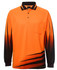 An orange long-sleeve polo shirt featuring black gradient stripes and a pocket, with a logo on the chest.