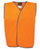 An orange safety vest for kids, featuring grey trim and a logo, designed for safety wear.