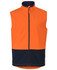 A three-layer softshell vest in lime and navy, featuring a zip front and a logo. Ideal for workwear.