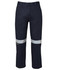 Navy work trousers featuring reflective tape accents, designed for visibility and safety. Includes a logo on the leg.