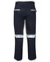 Navy work trousers featuring reflective tape on the legs and pockets, with a logo on the back.