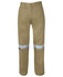 Light brown work trousers featuring reflective tape along the legs, designed for safety and visibility.