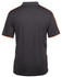 A black polo shirt with orange trim, featuring a logo on the back. The shirt has a classic collar and short sleeves.