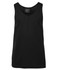 A black singlet with a sleeveless design, featuring a label and a smooth fabric texture.