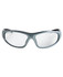 Sunglasses with a grey frame and clear lenses, featuring a textured design and a logo on the side.