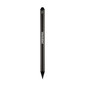 A black pencil with a pointed tip and a logo on the side.