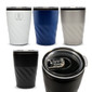 A reusable coffee cup in four colours: white, navy, silver, and black, featuring a twist design and a lid with an opening.