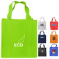 A green tote bag with a gusset, accompanied by black, blue, orange, and white variations, each with logos.