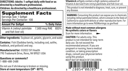 Vitamin A - Klaire Labs 25,000 IU 100 softgels Vitamin A - Klaire Labs 25,000 IU 100 softgels