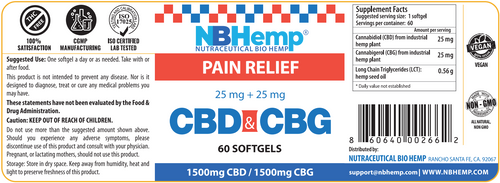 CBD 25 mg + CBG 25 mg (Pain Relief) - NBHemp 60 softgels SPECIAL ORDER CBD 25 mg + CBG 25 mg (Pain Relief) - NBHemp 60 softgels SPECIAL ORDER
