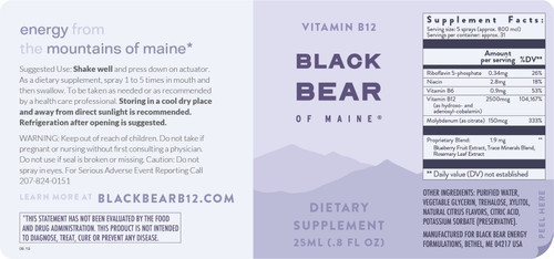 Vitamin B12 Energy Spray - Black Bear  0.8 oz (25ml) Exp 3/26