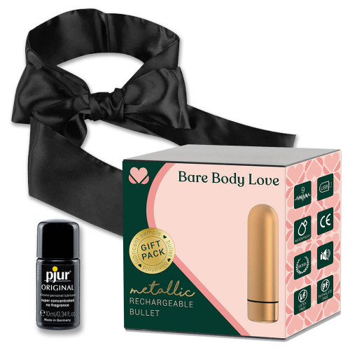 Bare Body Love Metallic Rechargeable Bullet Gift Pack with gold bullet vibrator, silky ribbon and pjur lubricant sample