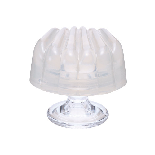 iroha Petit Shell gel massager with ribbed shell-shaped body on a clear stand, white background