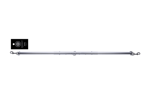 Sportsheets Signature Adjustable Spreader Bar, full aluminium bar with clasps and branded hang tag on white background