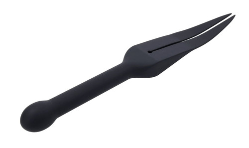 Edge by Sportsheets Silicone Tawse in black, angled view of the knob handle and split tails