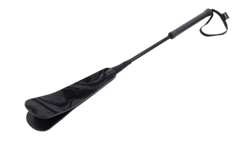 Sportsheets Velvet Strike Crop in black showing marbled faux leather tip, braided shaft, rubber handle and wrist loop