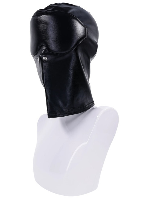 Edge by Sportsheets Blackout Hood in black on a display bust, showing padded eye cover and grommet