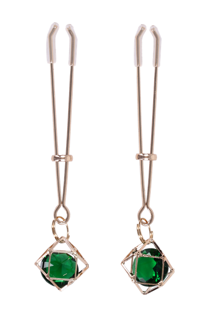 Sportsheets Indica Crystal Nipple Clips, pair of gold-tone tweezer clips with caged green gems