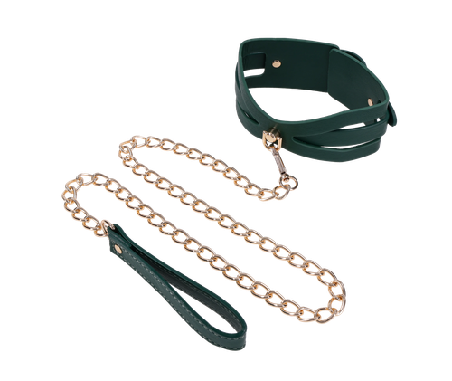 Sportsheets Indica Cutout Collar and Leash, emerald green collar with gold-tone chain leash and handle