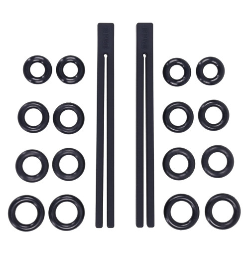 Sportsheets Edge Silicone Pinching Rods: two black rods with all 16 silicone rings in four sizes laid out