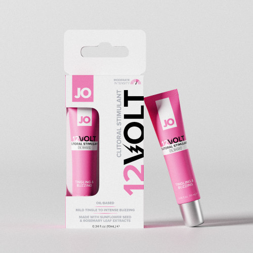 JO 12 Volt clitoral stimulant 10 mL pink tube standing beside its retail box