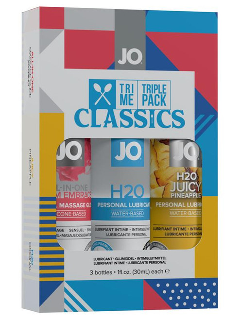 JO Tri-Me Triple Pack Classics box showing All-in-One Massage Glide, H2O and H2O Juicy Pineapple 30 mL bottles