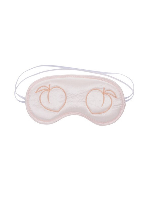 Sex & Mischief Peaches 'n CreaMe blindfold, peach satin with embroidered peaches and two elastic bands