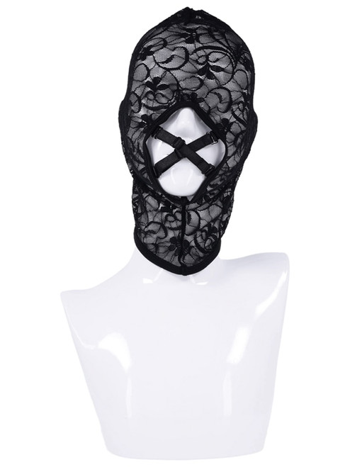 Sex & Mischief Lace Hush Hood in black floral lace on a mannequin head, showing the crossed mouth straps