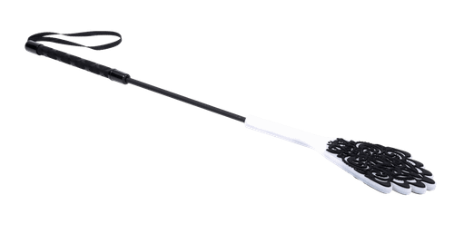 Sex & Mischief Lace Silicone Crop angled view showing the lace-pattern silicone tip, black shaft, handle and wrist loop