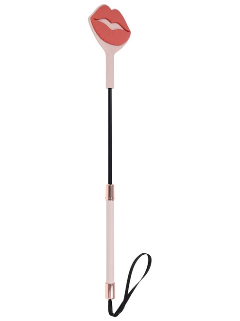 Sex & Mischief Peaches n CreaMe Kiss Crop, full length, showing silicone lip tip, black shaft and peach handle