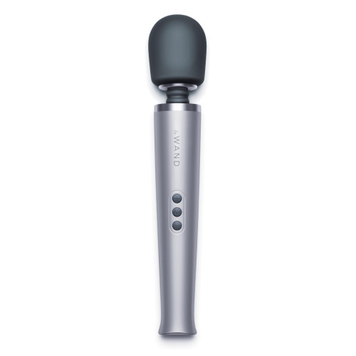 Le Wand Rechargeable Massager in grey, front view showing silicone head and three control buttons