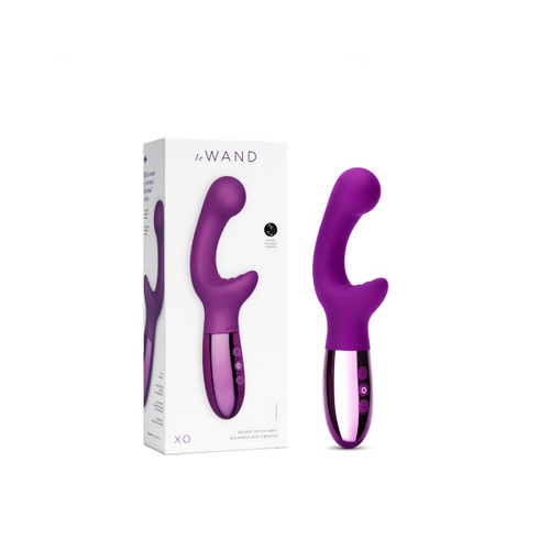 Le Wand XO Cherry dual motor vibrator shown beside its retail box
