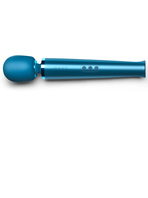 Le Wand Rechargeable Massager in Pacific Blue, side view showing the silicone head and three-button control panel