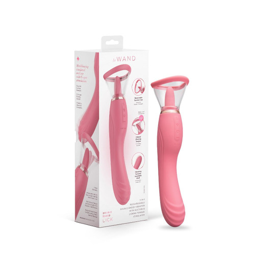 Le Wand Lick double-ended vibrator in pink shown next to its retail box