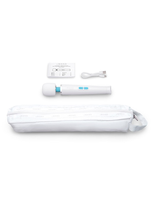 Le Wand Classique Petite wand massager in white with user guide, USB-C cable and storage pouch