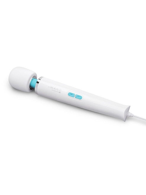Le Wand Classique Plug-In wand massager in white with aqua buttons and attached power cord