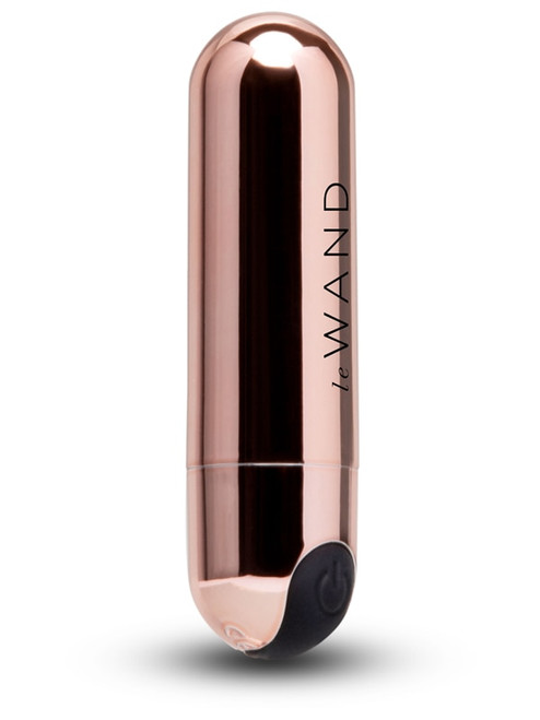 Le Wand Mini Rechargeable Rose Gold Bullet standing upright, showing logo and black power button