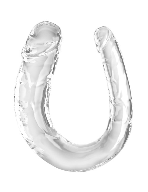 King Cock Clear Medium Double Trouble clear TPE double-ended dildo bent into a U shape, out of the packaging