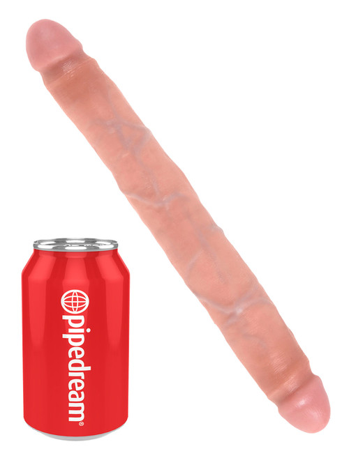 King Cock 12 in. Slim Double Dildo in Light shown full length beside a can for scale