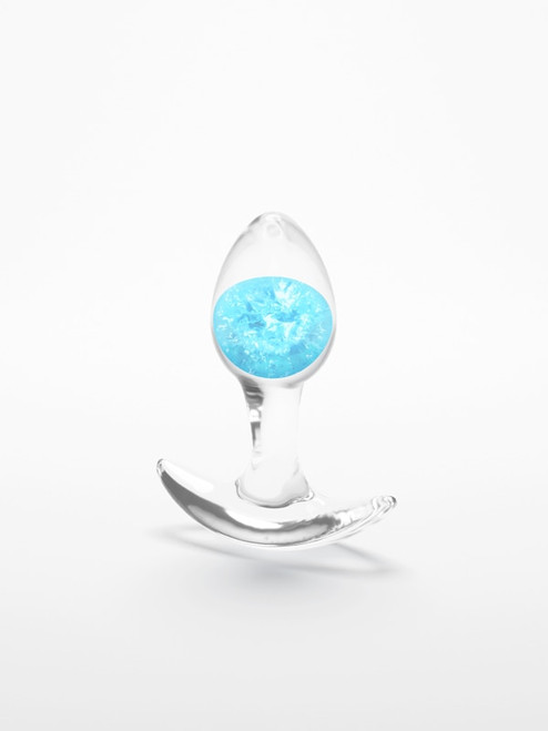 NS Novelties Cosmic Glams Small anal plug in Blue, clear silicone with blue glass marble, on white