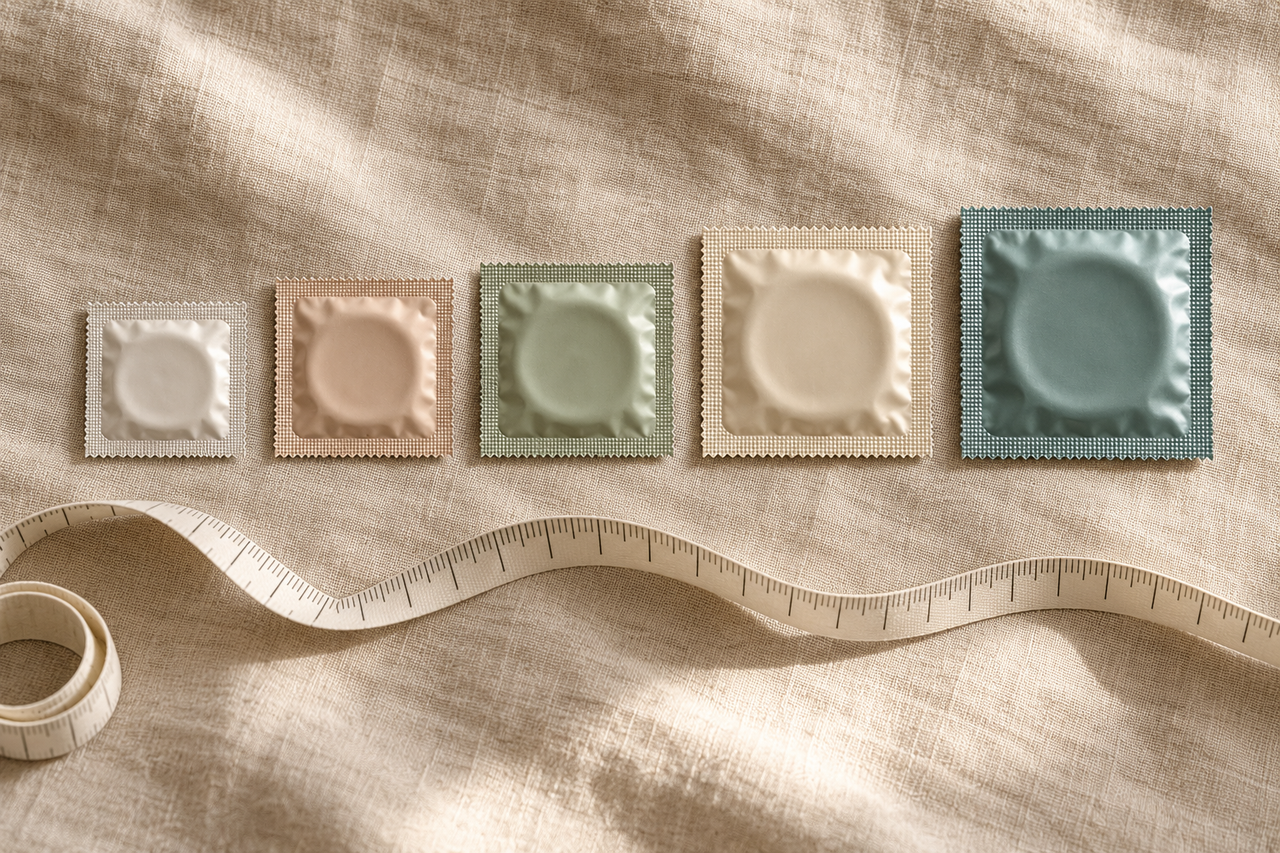 Condom packets lined up beside a soft tape measure, illustrating different condom sizes