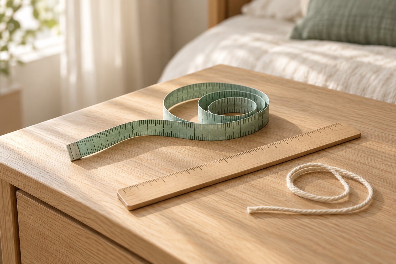 A soft tape measure, string and ruler on a bedside table, the tools for measuring condom size