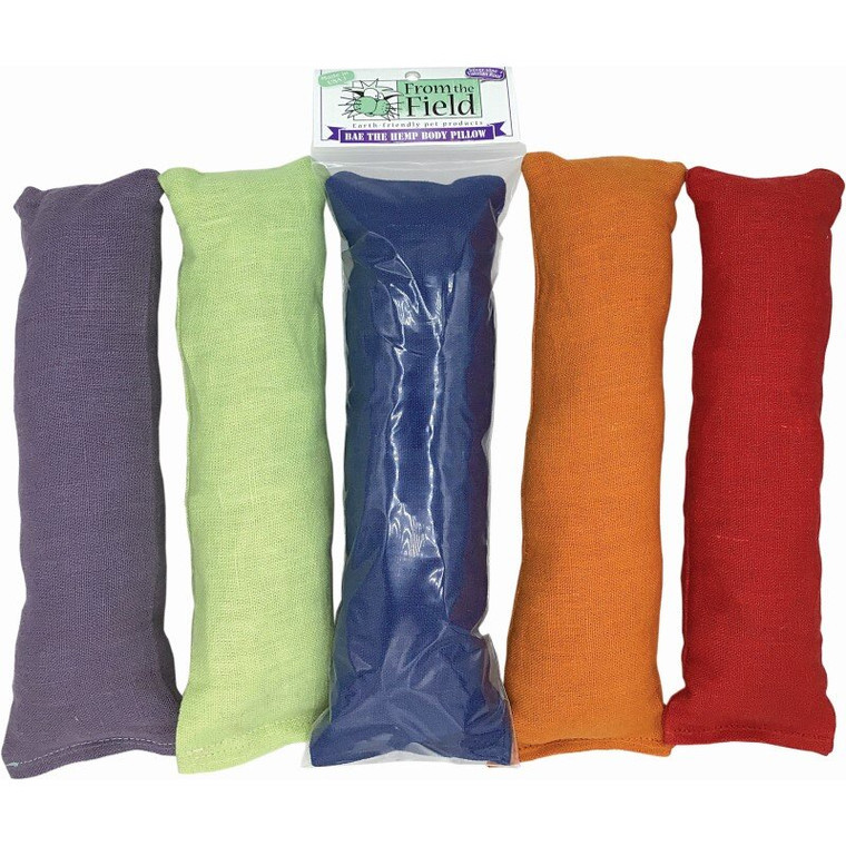 Purple, green, blue, orange, red Bae the body pillows.