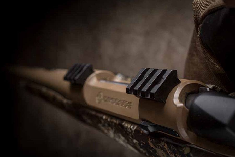 Top of rifle with mounting brackets in focus.